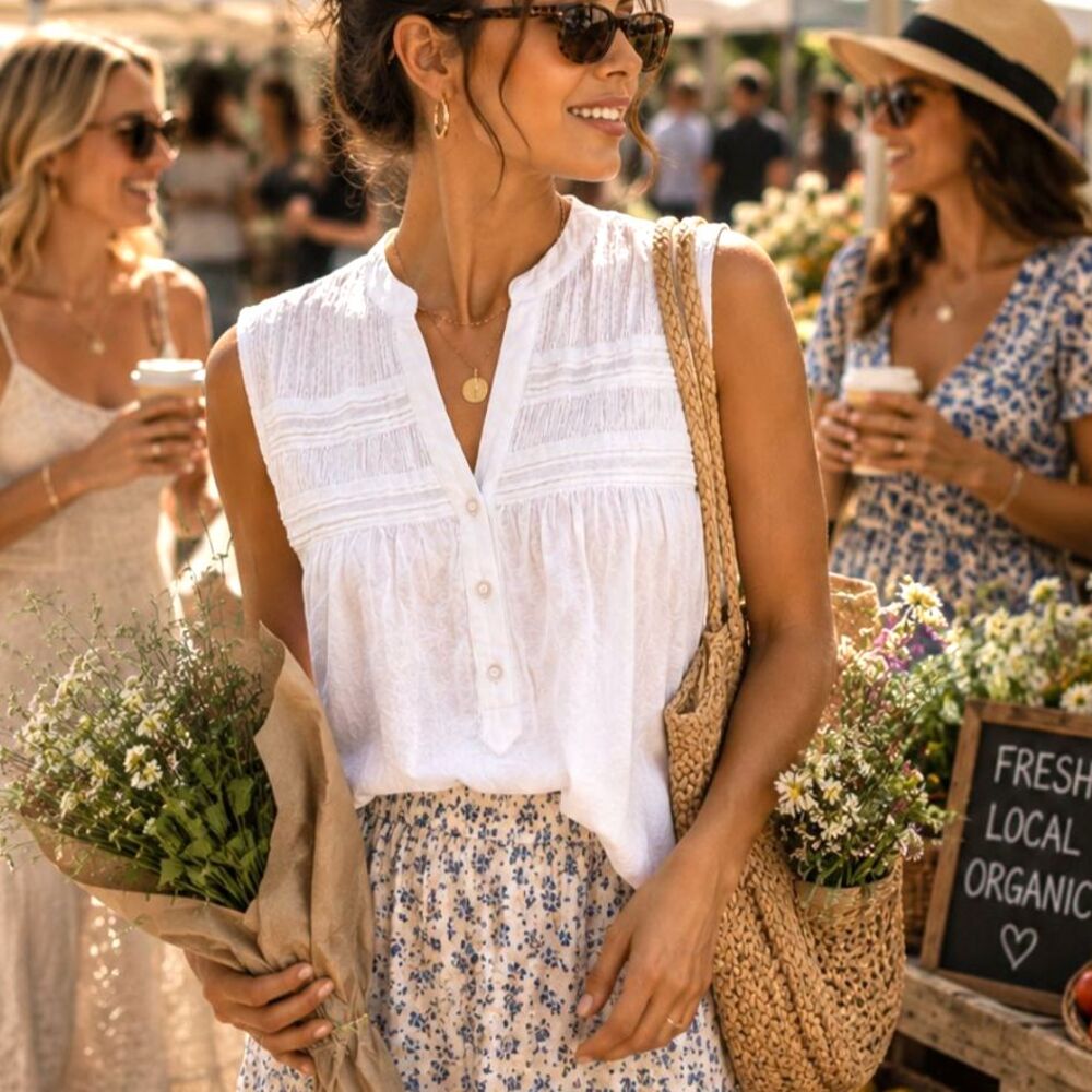 White Pintuck Sleeveless Cotton Blouse Boho Cottagecore Relaxed Fit M